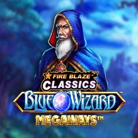 Fire Blaze Blue Wizard Megaways online game logo by Rarestone Gaming on happyslotss.nl