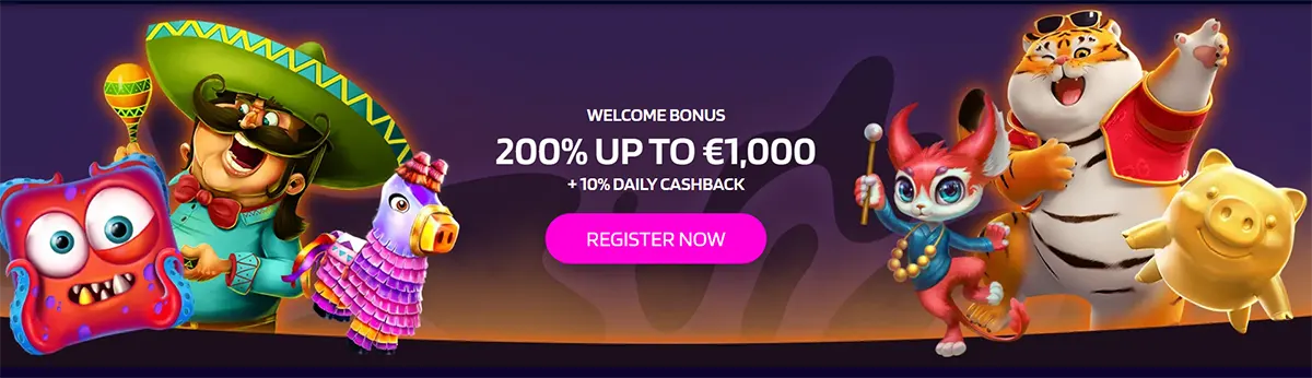 Colourful casino bonus banner showing “Welcome Bonus 200% up to €1,000 + 10% daily cashback” with a pink “Register Now” button, surrounded by cartoon characters including a sombrero-wearing man, a piñata, a tiger in sunglasses, and a small fantasy creature.